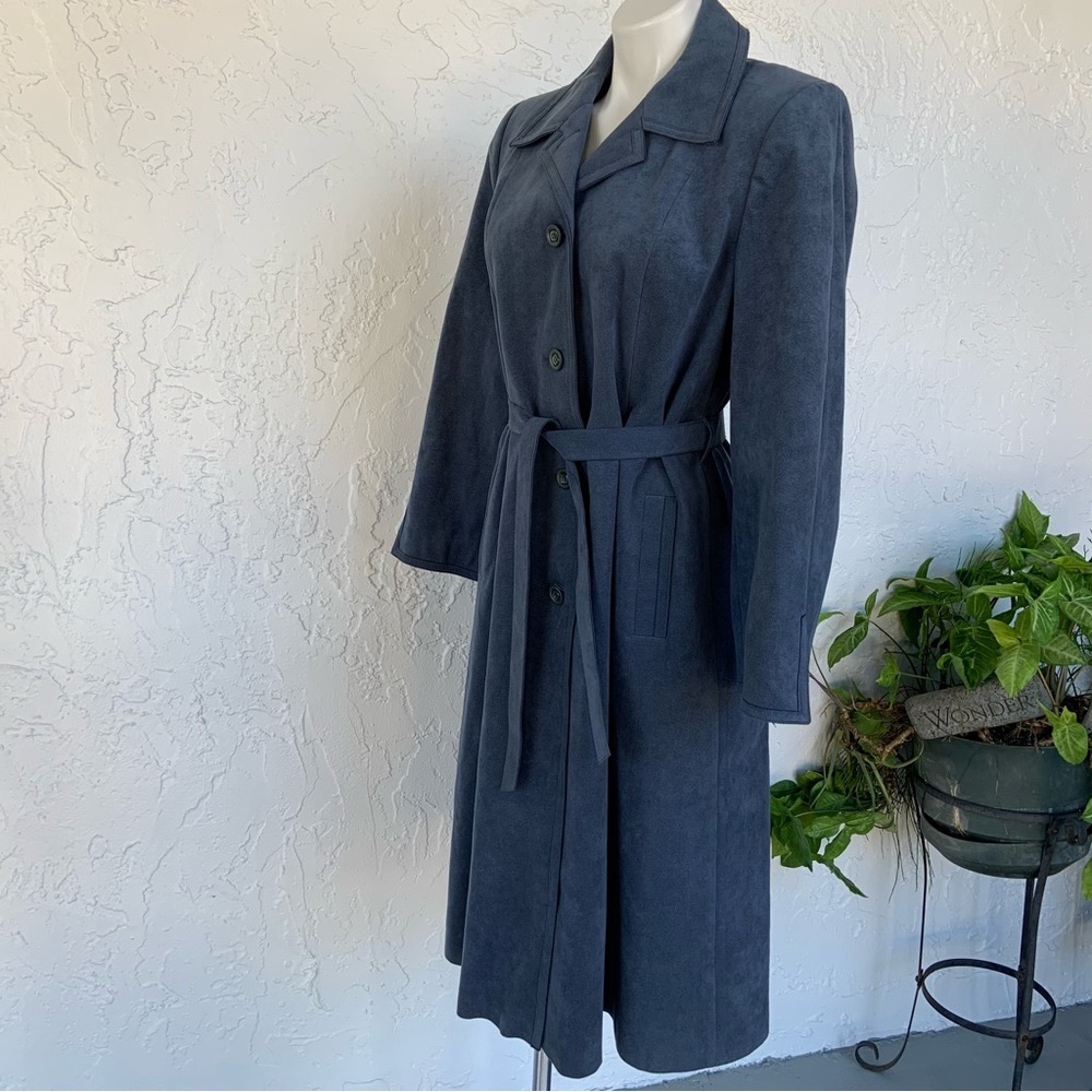 Vintage Authentic Ultrasuede Smokey Blue-Gray Self-Belted Trenchcoat